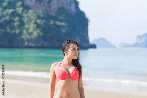 Attractive Young Caucasian Woman In Swimsuit On Beach, Girl Blue Sea Water Holiday Summer Vacation