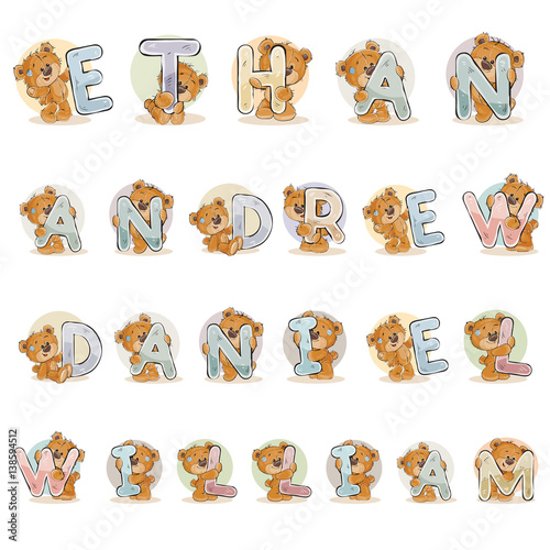 Names for boys Ethan, Andrew, Daniel, William made decorative letters with teddy bears