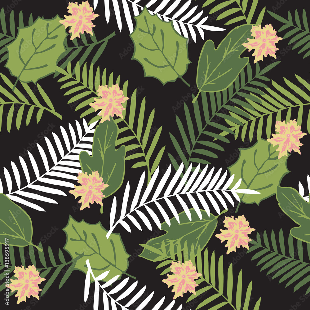 Fototapeta premium Tropical seamless pattern with palm leaves and flowers. Trendy colors for textile or book covers, manufacturing, wallpapers, print, gift wrap and scrapbooking.