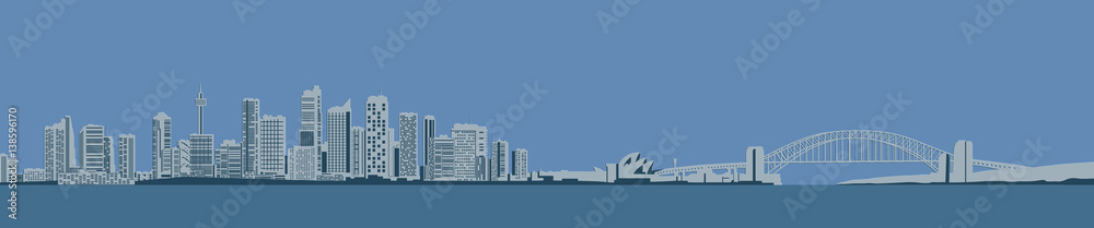 Illustration of a big city and the ocean.