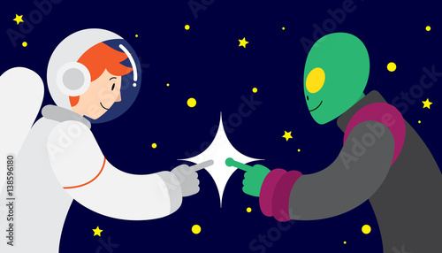 Vector illustration of astronaut's first contact with green alien