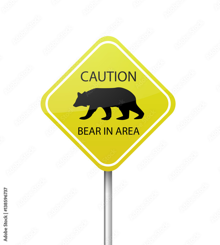 Yellow warning sign board - caution, bear in the area vector Yellow warning sign board - caution, bear in the area vector