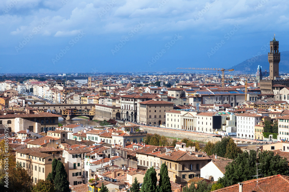 above view of Florence city with bridge and palace