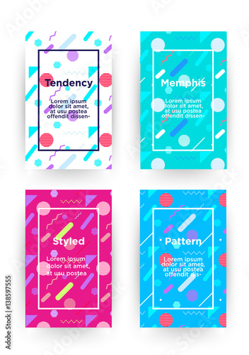 Fototapeta Naklejka Na Ścianę i Meble -  Covers with flat geometric pattern. Cool colorful backgrounds. Applicable for Banners, Playcards, Posters, Flyers, Phone covers. Memphis styled background. Eps10 vector template.