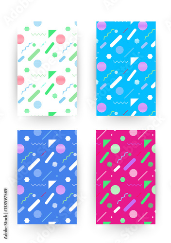 Covers with flat geometric pattern. Cool colorful backgrounds. Applicable for Banners, Playcards, Posters, Flyers, Phone covers. Memphis styled background. Eps10 vector template. photo