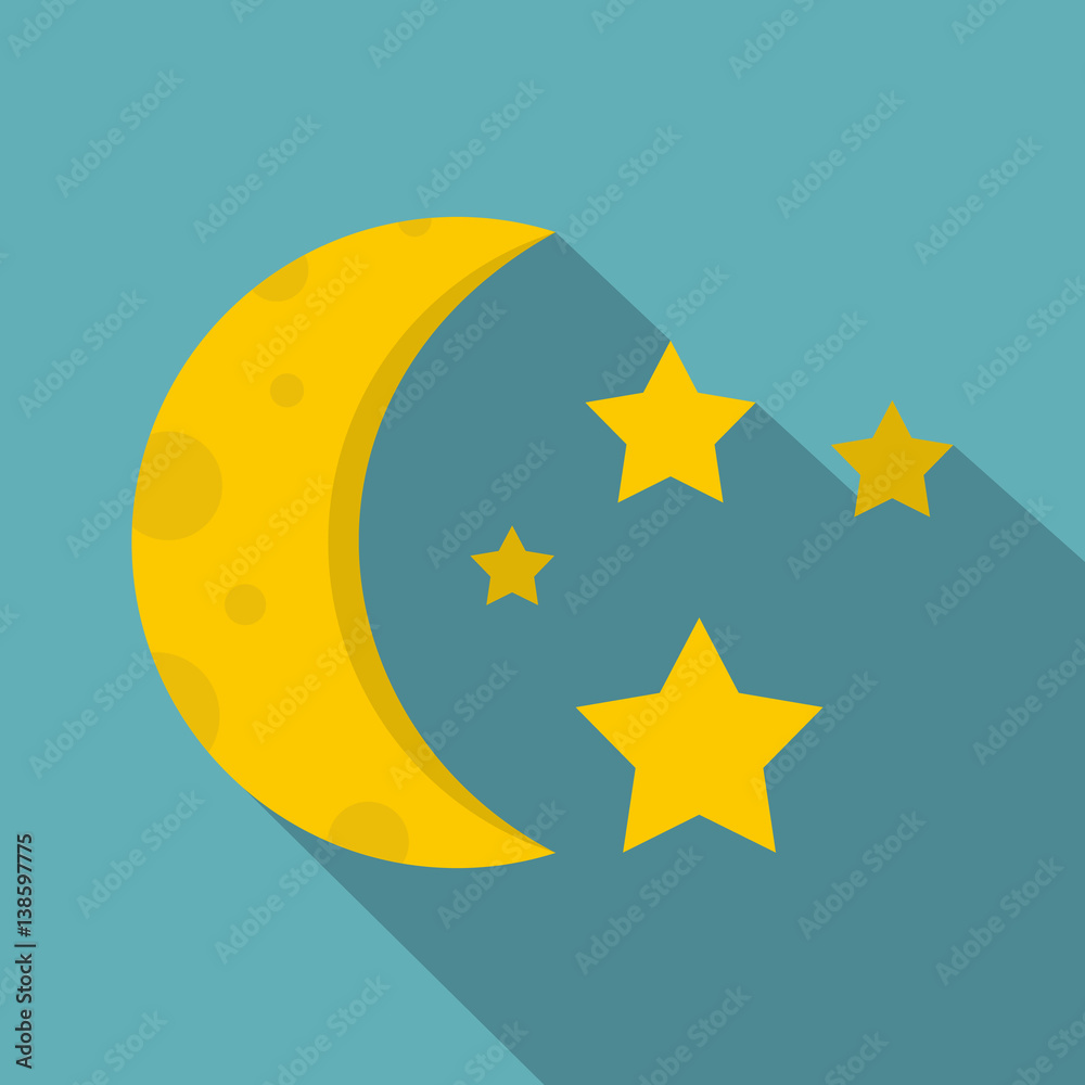 Night sky with stars and moon icon, flat style Night sky with stars and moon icon, flat style