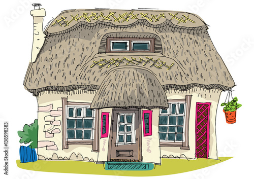 straw covered traditional vintage house - cartoon - coloring book