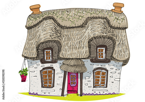 straw covered traditional vintage house - cartoon - coloring book