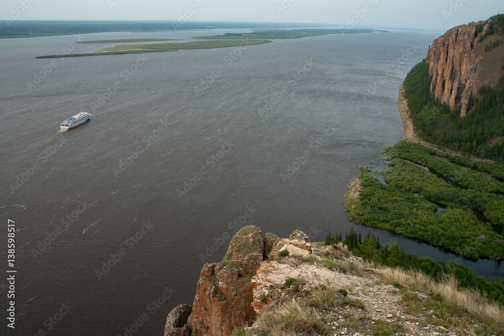 With high and rocky shores on the big river. The Lena River. National