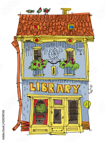 vintage library facade - cartoon