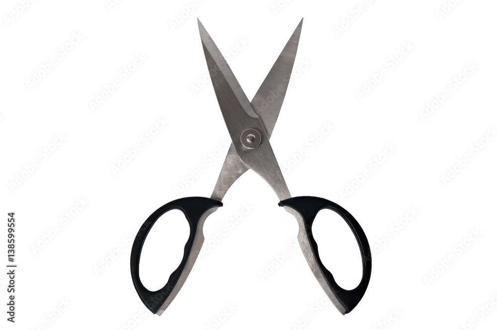 Black handled open scissors isolated on white background