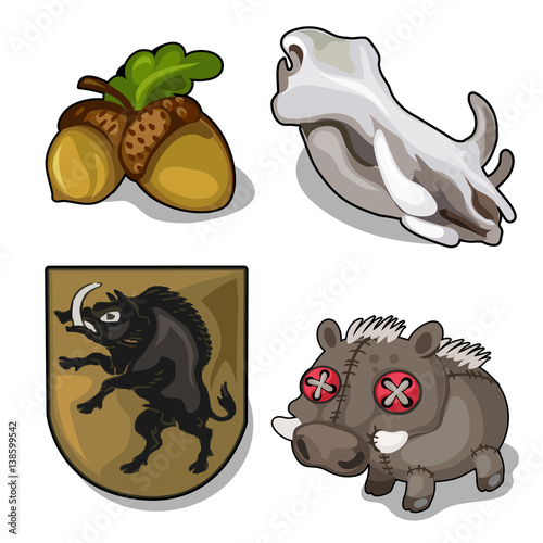 Vector set isolated of wild boar theme and acorn