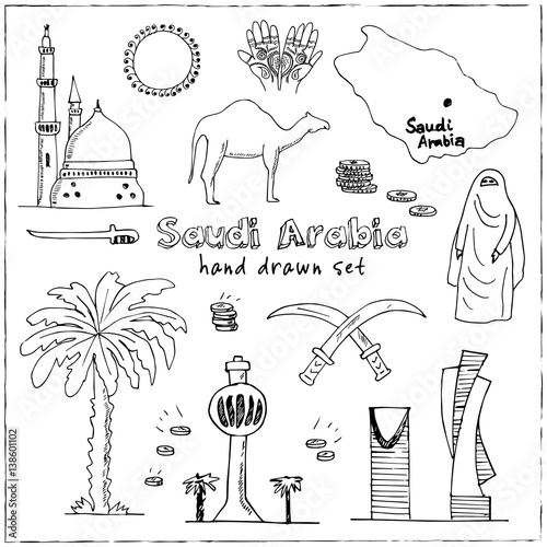 Handdrawn Illustration of Saudi Arabia Landmarks and icons with country English  Arabic Modern doodle sketch vector  photo