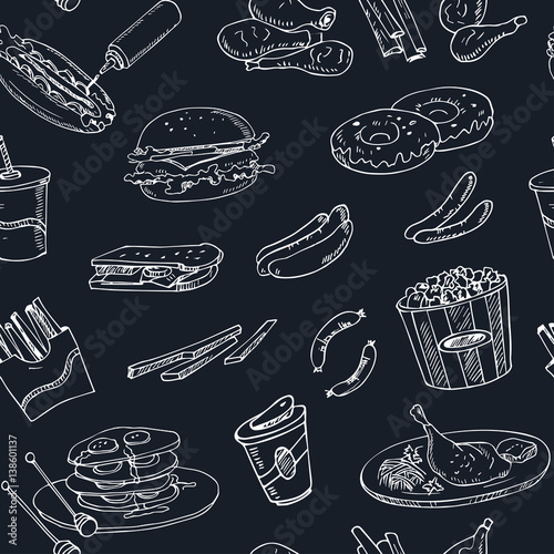 Vector hand drawn seamless pattern american cuisine. hot dog, hamburger and cheeseburger, sandwich, steak, sausage, ketchup.