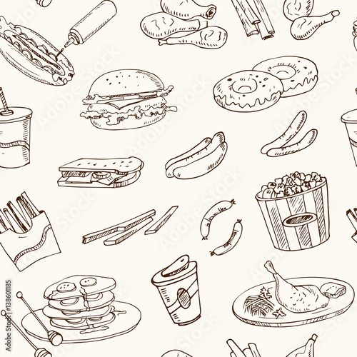 Vector hand drawn seamless pattern american cuisine. hot dog, hamburger and cheeseburger, sandwich, steak, sausage, ketchup.