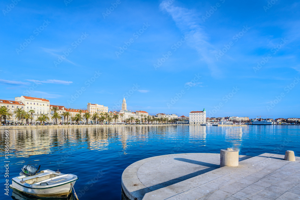 Split promenade. / Scenic mediterranean view at coastal town Split in Croatia, european summertime travel resorts.