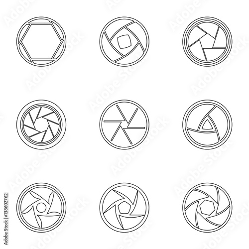 Aperture of photocamera icons set, outline style
