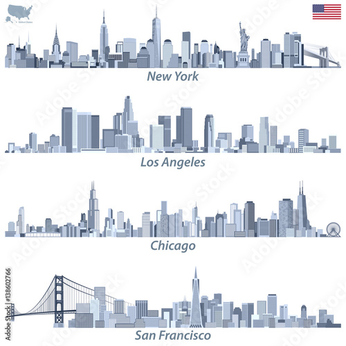 vector illustrations of United States city skylines (New York, Chicago, San Francisco and Los Angeles) in tints of blue color palette with map and flag of United States