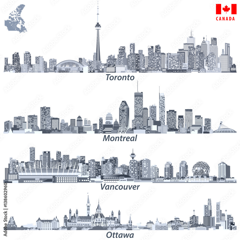Fototapeta premium Toronto, Montreal, Vancouver and Ottawa skylines in tints of blue color palette with map and flag of Canada