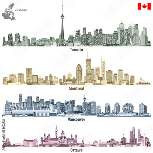Canadian cities Toronto, Montreal, Vancouver and Ottawa skylines in different color palettes with map and flag of Canada. Vector illustrations