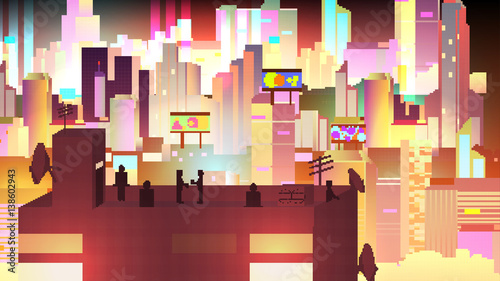 Retro Eight Bit Urban Neon Cityscape scene with Building Silhouettes, Towers and Rooftop Party - Vector Illustration