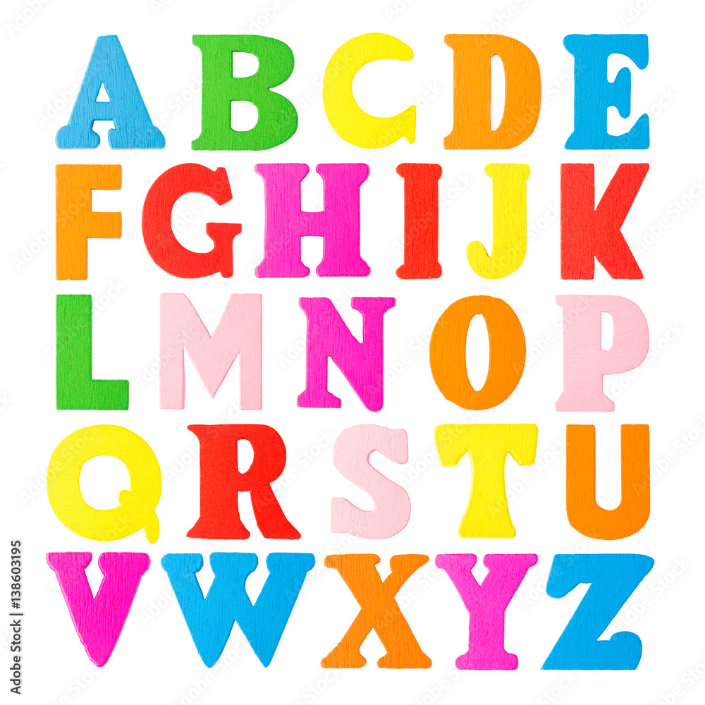 Colorful wooden alphabet letters on a white background
