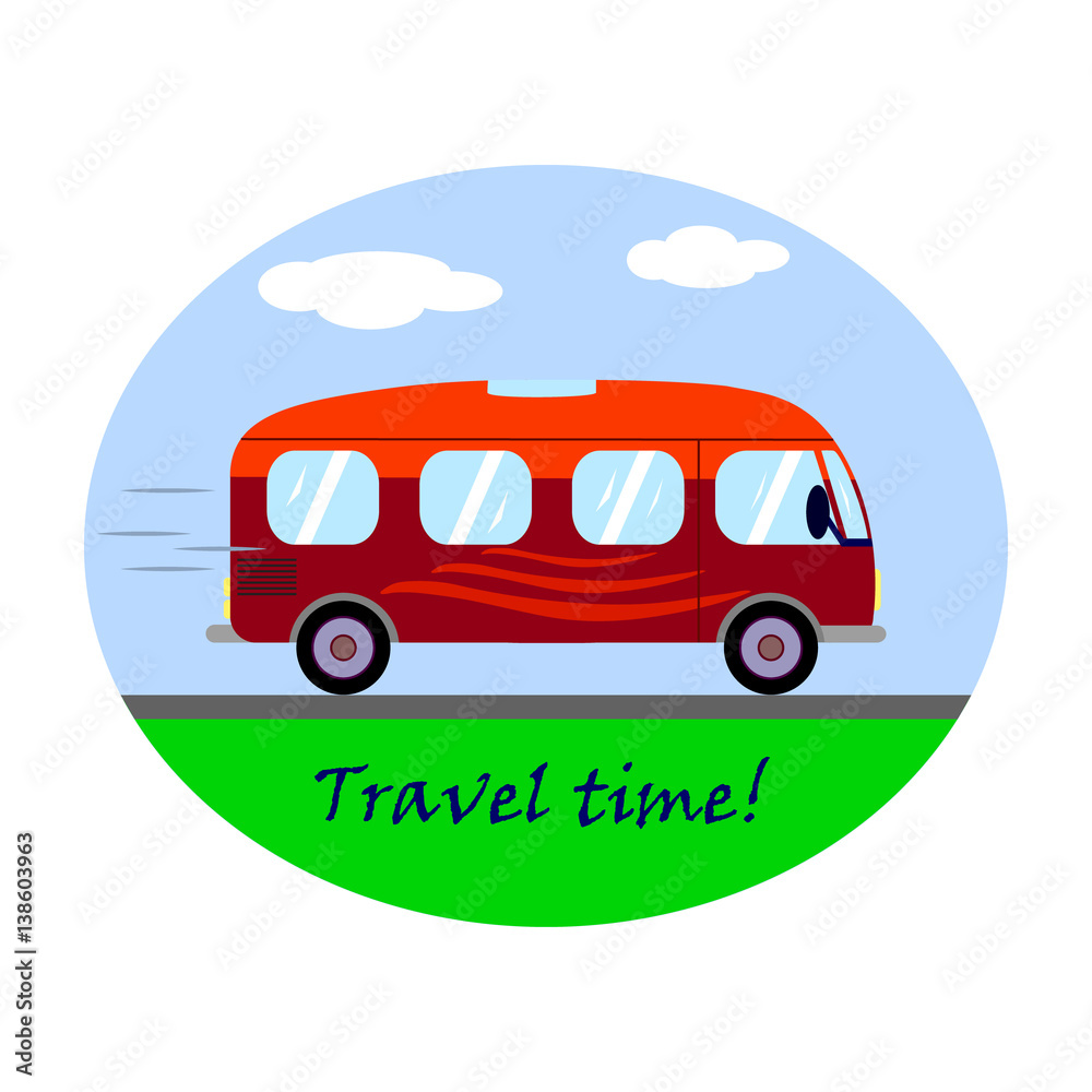 Icon with travel red bus. Vintage travel bus concept in flat style ...