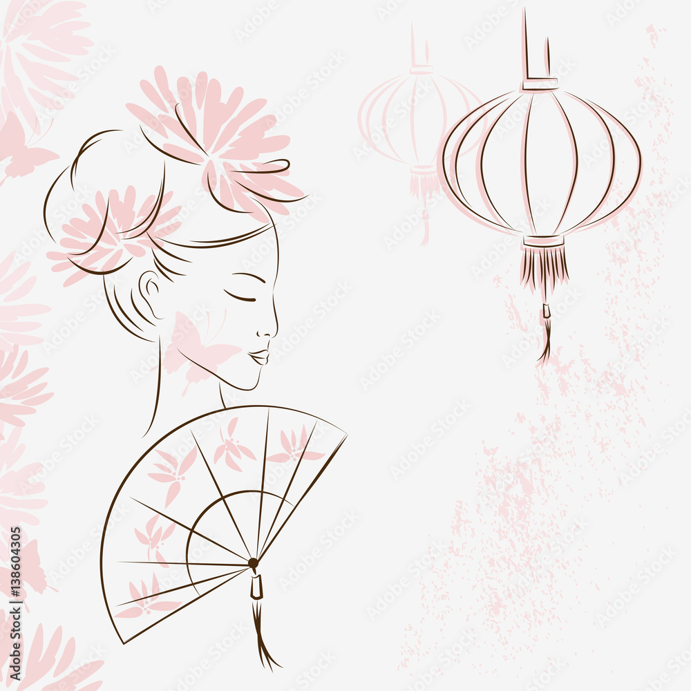 Asian woman. Oriental style painting. Hand drawing illustration with  beautiful oriental woman. Vector isolated on white background. Stock Vector  | Adobe Stock