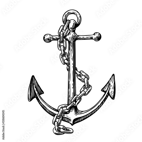 Vintage anchor with chain. Hand drawn sketch vector illustration