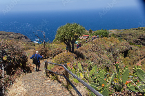 Descent. Group of people at the walking in landscape of La Palma,Canary Islands