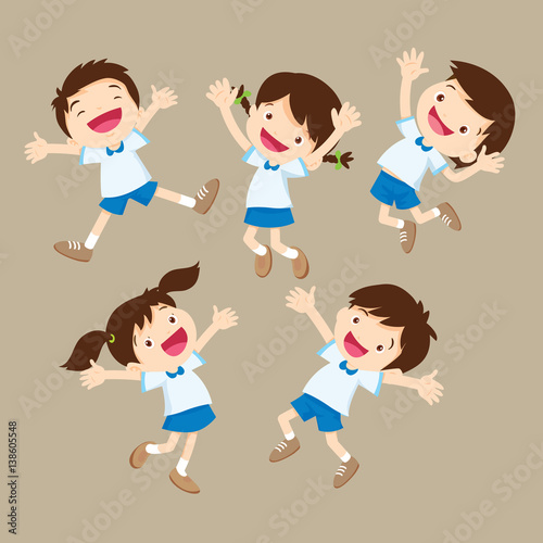 cute student boy and girl jumping be happy various actions.