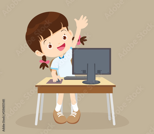 student girl learning computer hand up