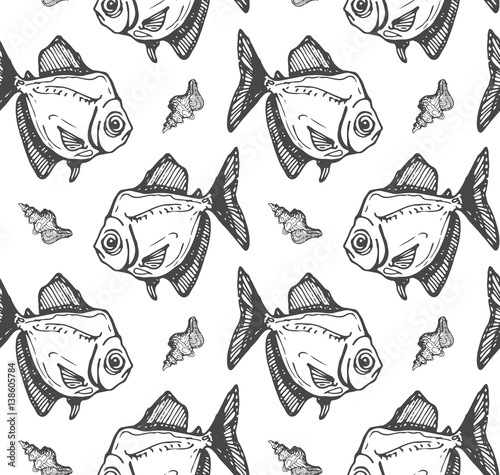 seamless fish and seashell pattern 