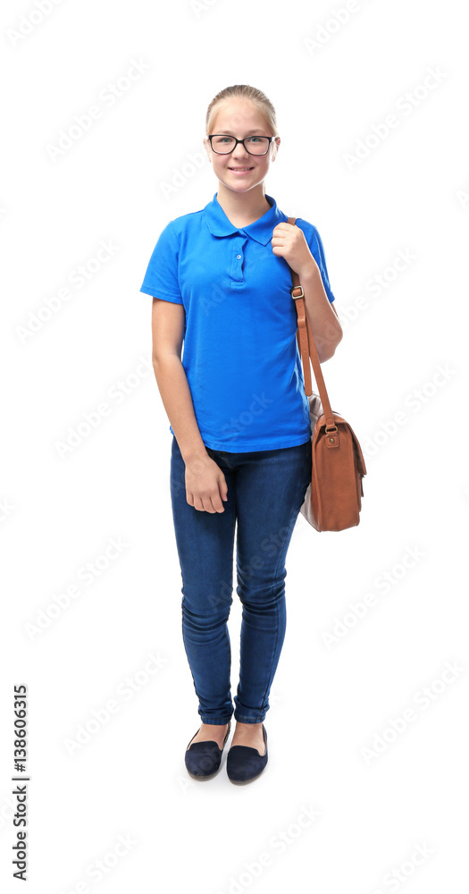 Fototapeta premium Schoolgirl on white background