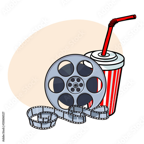 Cinema attributes - retro style film reel and soda water in paper cup, sketch vector illustration with place for text. Drink in paper cup and film reel, cinema attribute, object