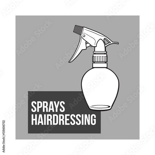 Unlabeled, transparent plastic hairdresser spray bottle, sketch style vector illustration isolated on grey background. Hairdresser spray bottle, detergent, window cleanser liquid dispenser