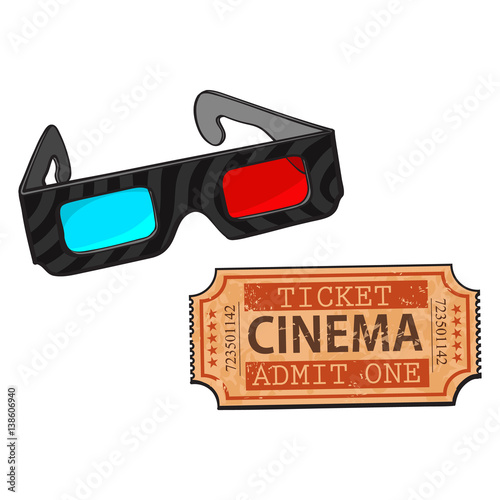 Blue and red stereoscopic, 3d glasses and retro style cinema, movie ticket, sketch vector illustration isolated on white background. Cinema objects - 3d stereoscopic glasses and cinema ticket