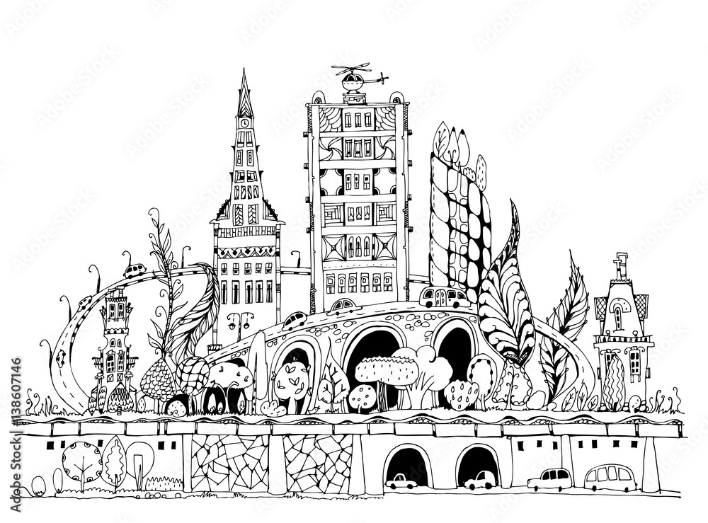 Naklejka premium City background with lots of cars on the road going around the City. Doodle illustration 