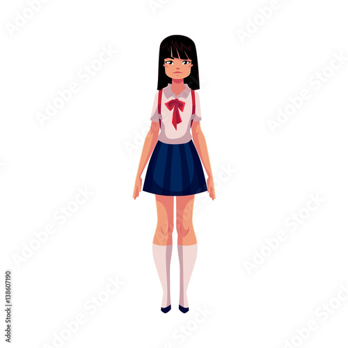 Japanese teenage schoolgirl in typical uniform wearing short skirt and red bow tie, cartoon vector illustration isolated on white background. Full length portrait of typical Japanese schoolgirl