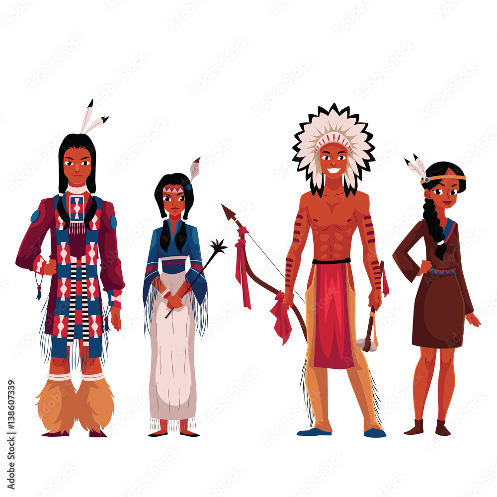 Set of native American Indians, men and women, in traditional national costumes, cartoon vector illustration isolated on white background. Native Americans, American Indians People in national clothes