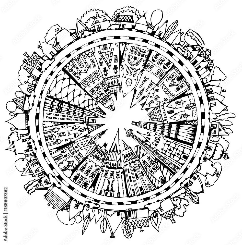 City background with lots of tall buildings, banks and office blocks shaped inside of circle. Doodle illustration 