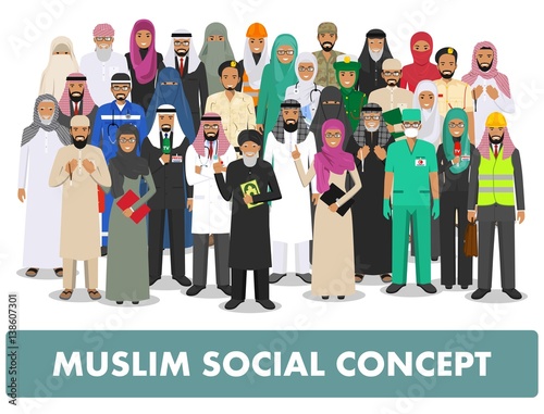 Social concept. Group muslim arabic people professions occupation standing together in different suit and traditional clothes on white background in flat style. Arab man and woman. Vector illustration