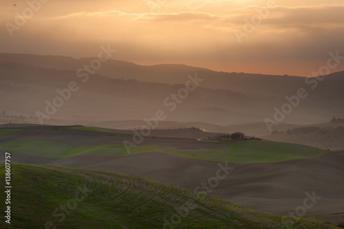 Sunrice in Val d'Orcia - beautiful Tuscany landscape (Italy)