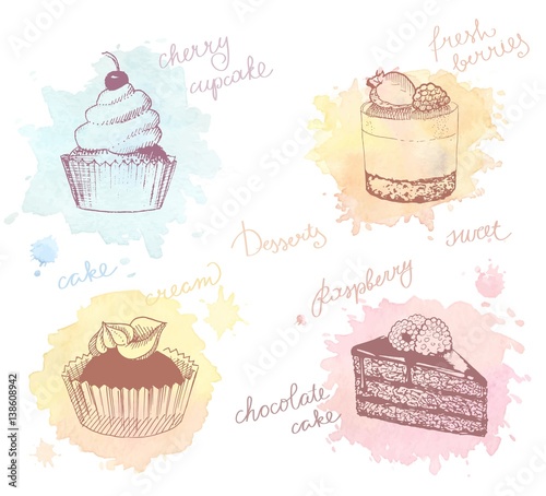 Colored sketches of cupcakes  berry pie and cake
