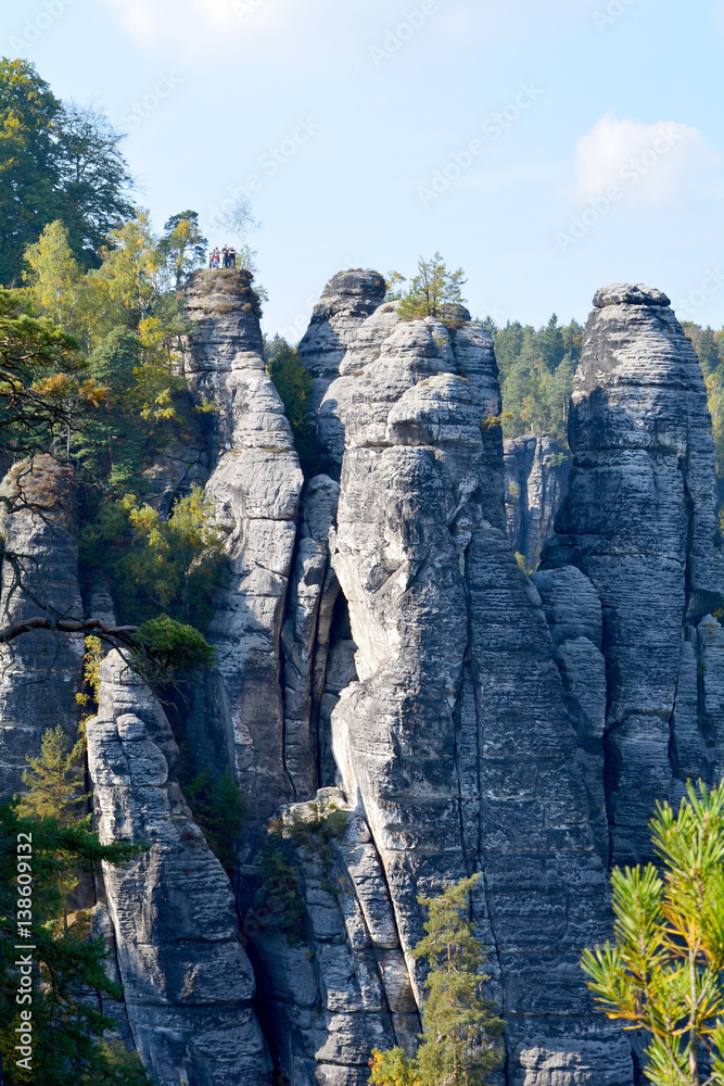 Saxon Switzerland, Bavaria, Germany - October 5, 2015 :  Elbe sandstone mountains. National Park. Famous tourist and travel routes. Natural lighting.