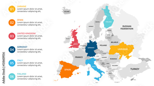 Fototapeta Mapa Europy infografika. Prezentacja slajdów. Koncepcja marketingu globalnego biznesu. Kolor kraju. Światowe dane transportowe. Szablon statystyki gospodarczej.