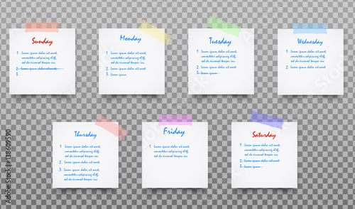 Set of White realistic sticky note vector with shadow, colorful clip and text isolated on transparent background. Post it paper for planning Work week, to do list.