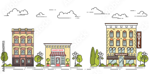 Canvas-taulu City landscape with houses cafe trees clouds Line art