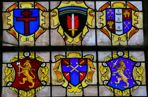 Stained Glass in Bayeux - Coat of arms at a window commemorating D-day