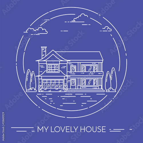 Suburb landscape with private separate house, yard on white background